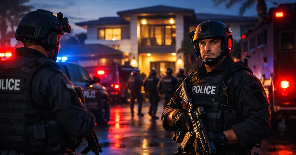 Tactical police officers and law enforcement vehicles with flashing lights outside a modern mansion during a dawn raid.