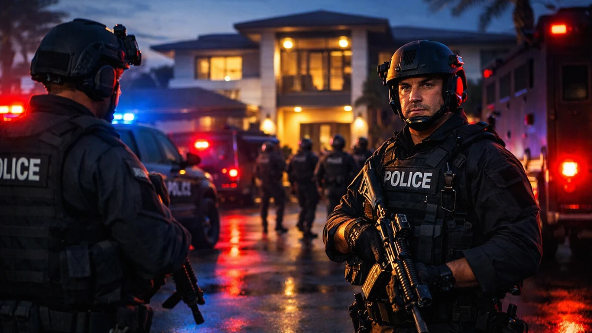 Tactical police officers and law enforcement vehicles with flashing lights outside a modern mansion during a dawn raid.