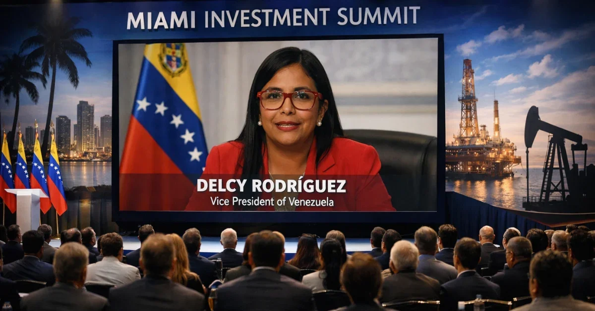 Wide view of an investment conference in Miami with Delcy Rodríguez appearing on a large screen as business attendees watch in a modern ballroom.