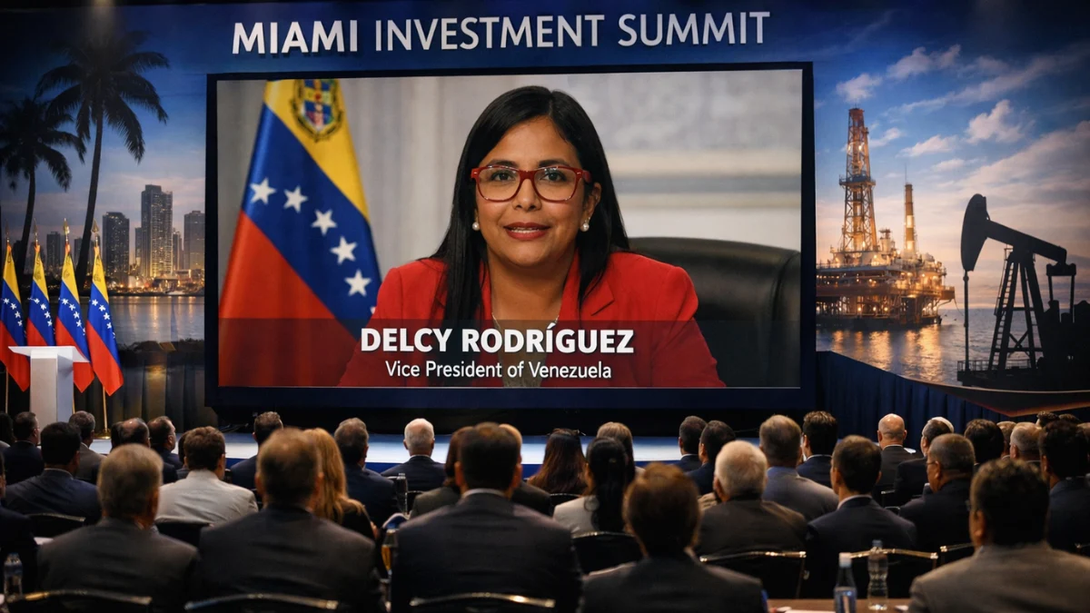 Wide view of an investment conference in Miami with Delcy Rodríguez appearing on a large screen as business attendees watch in a modern ballroom.