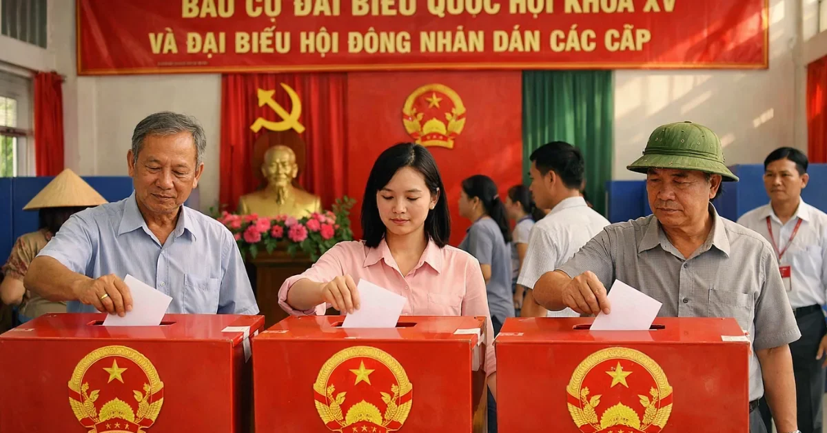 Vietnamese voters casting their ballots into formal election boxes at a polling station decorated with red banners.