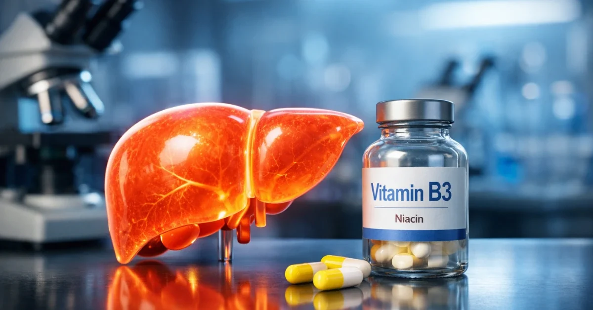 A glowing anatomical model of a human liver next to a bottle of Vitamin B3 capsules on a laboratory desk, representing new medical treatments for liver health.