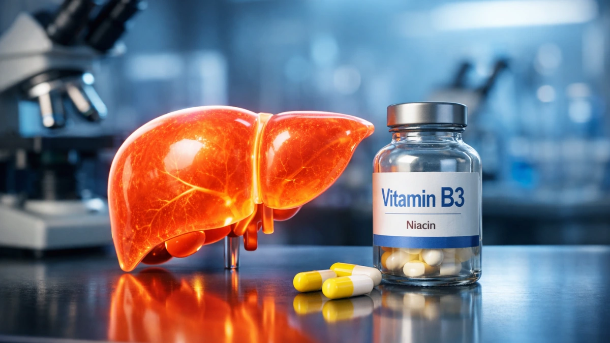 A glowing anatomical model of a human liver next to a bottle of Vitamin B3 capsules on a laboratory desk, representing new medical treatments for liver health.