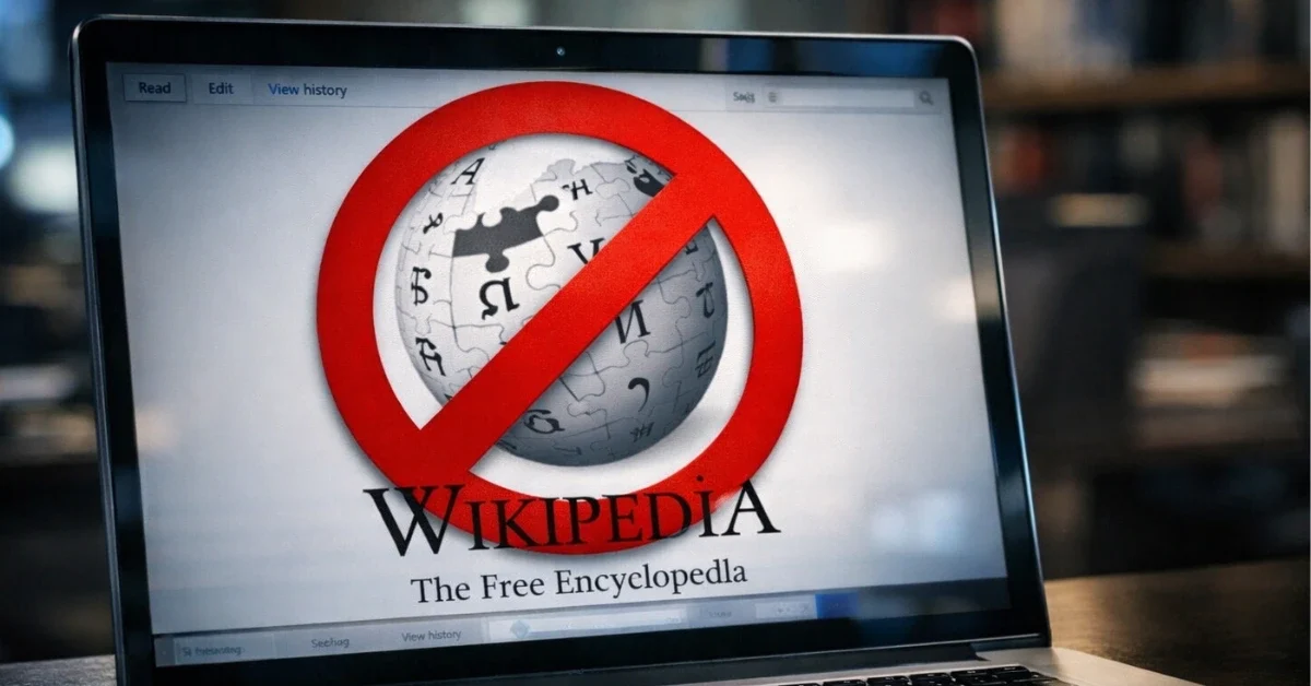 A laptop displaying the Wikipedia logo with a prohibited symbol overlay, set in a dimly lit newsroom, representing Wikipedia's ban on AI-generated article content.