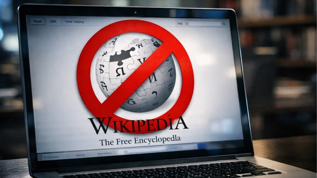A laptop displaying the Wikipedia logo with a prohibited symbol overlay, set in a dimly lit newsroom, representing Wikipedia's ban on AI-generated article content.