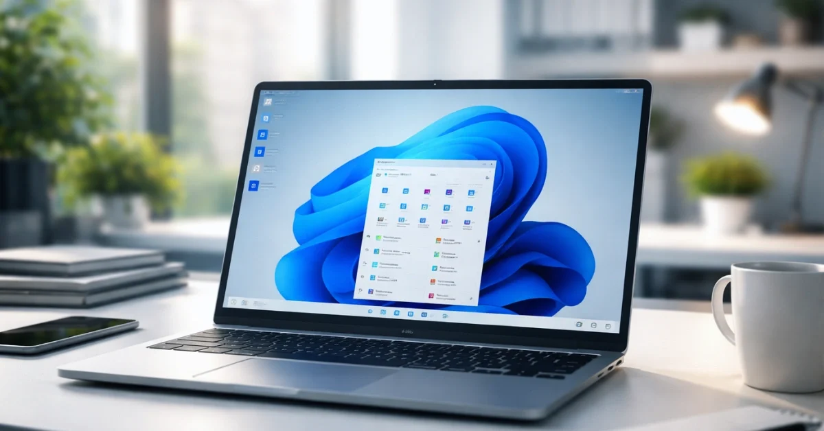 A modern laptop displaying the Windows desktop on a brightly lit office desk.