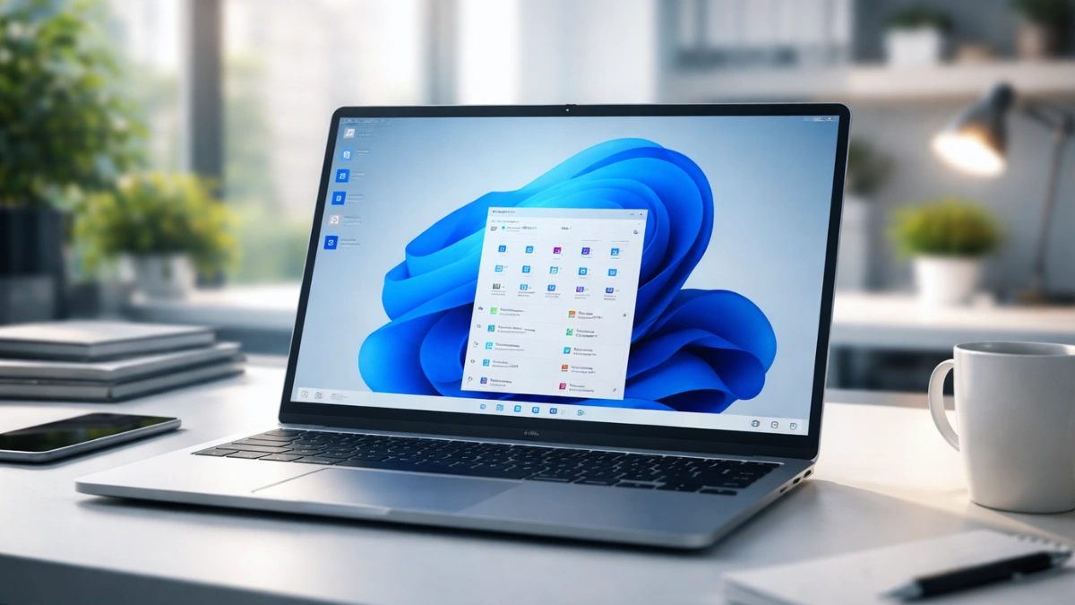 A modern laptop displaying the Windows desktop on a brightly lit office desk.