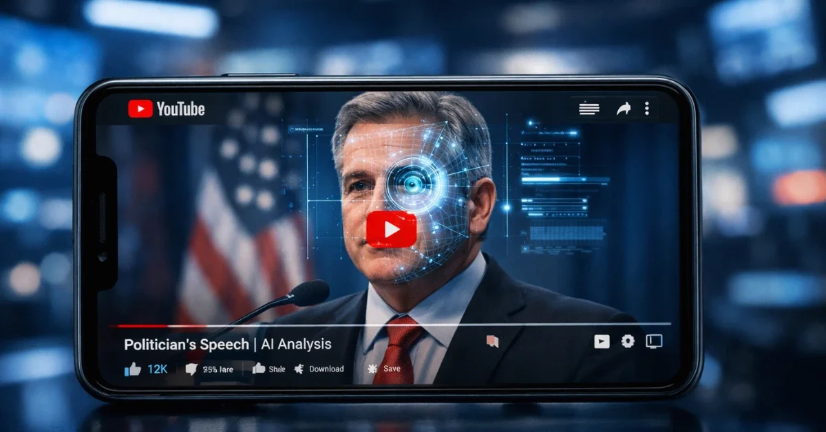 A smartphone displaying a video with an AI facial recognition overlay, set against a blurred background of a modern newsroom.