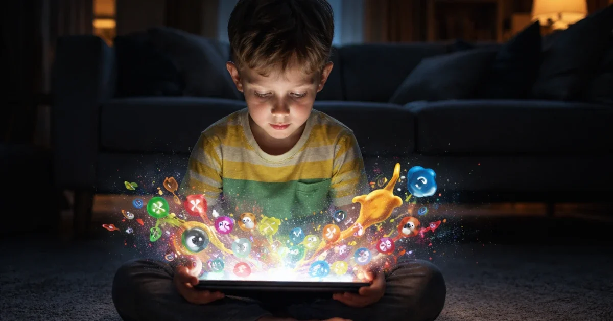 A young child sitting in a dimly lit room, staring intensely at a glowing tablet screen displaying chaotic, brightly colored AI-generated cartoon graphics.