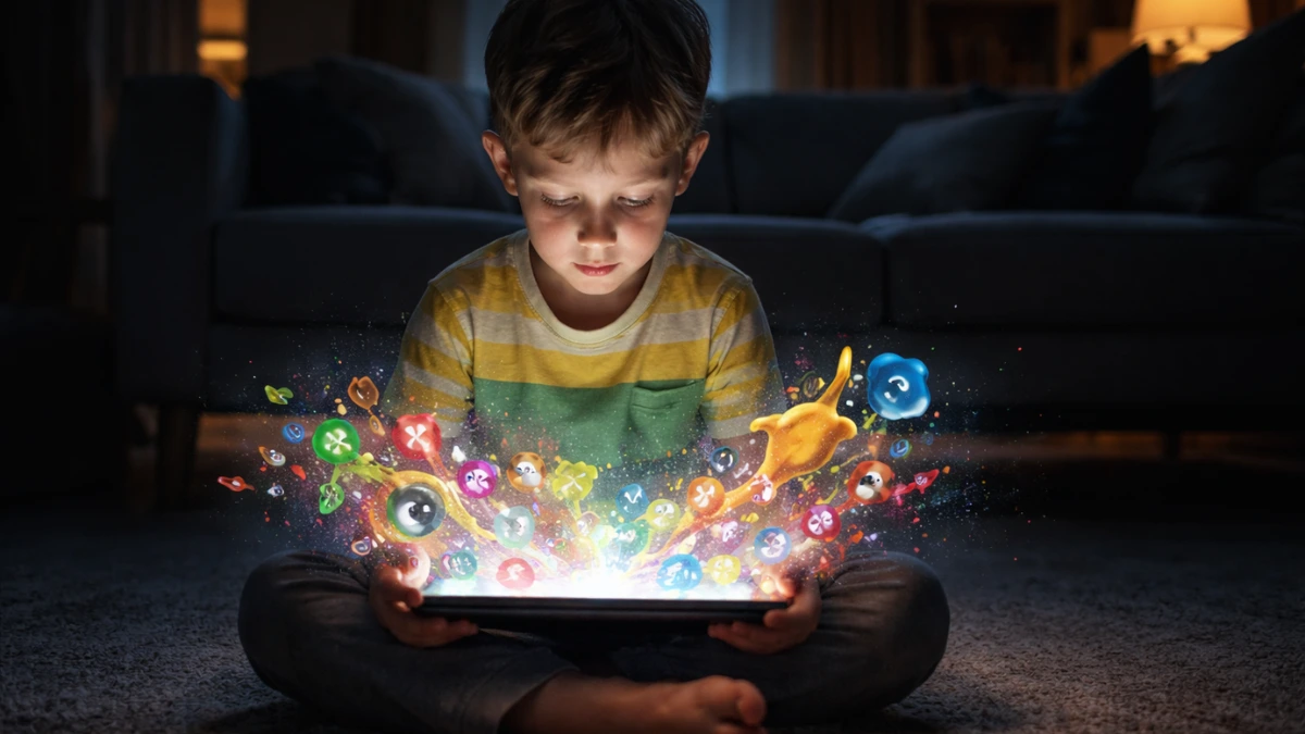 A young child sitting in a dimly lit room, staring intensely at a glowing tablet screen displaying chaotic, brightly colored AI-generated cartoon graphics.