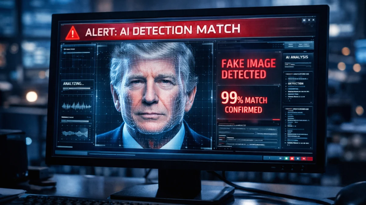 A digital monitor displaying an AI detection scan of a face with a warning interface, set in a dimly lit cybersecurity room.