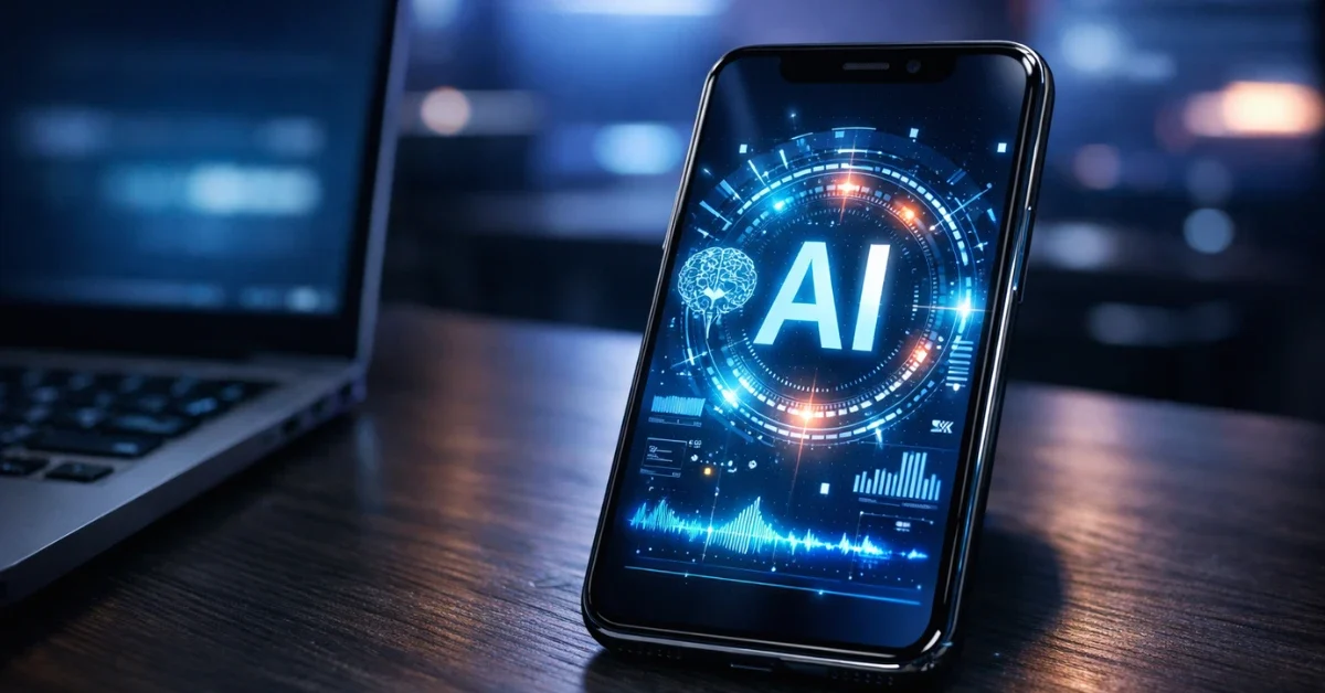 A sleek smartphone on a desk displaying a glowing artificial intelligence interface in a modern, dimly lit tech office.