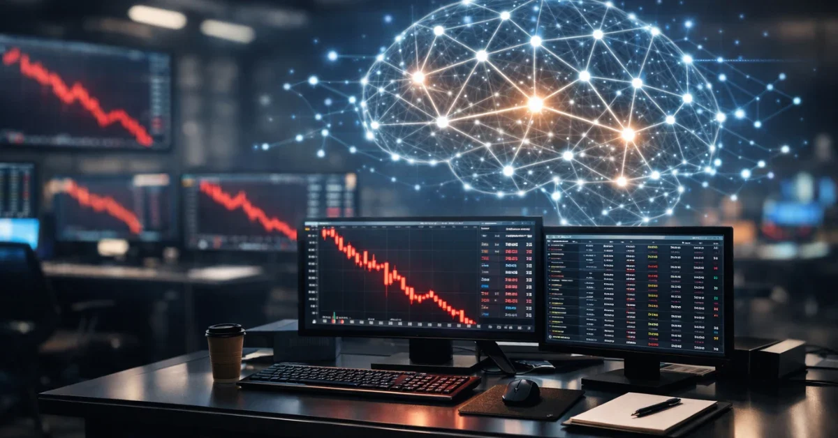 A modern financial trading floor with glowing digital screens displaying downward stock market trends and a subtle artificial intelligence neural network graphic in the background.