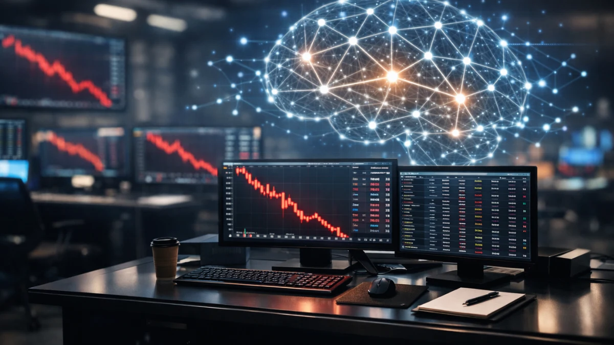 A modern financial trading floor with glowing digital screens displaying downward stock market trends and a subtle artificial intelligence neural network graphic in the background.