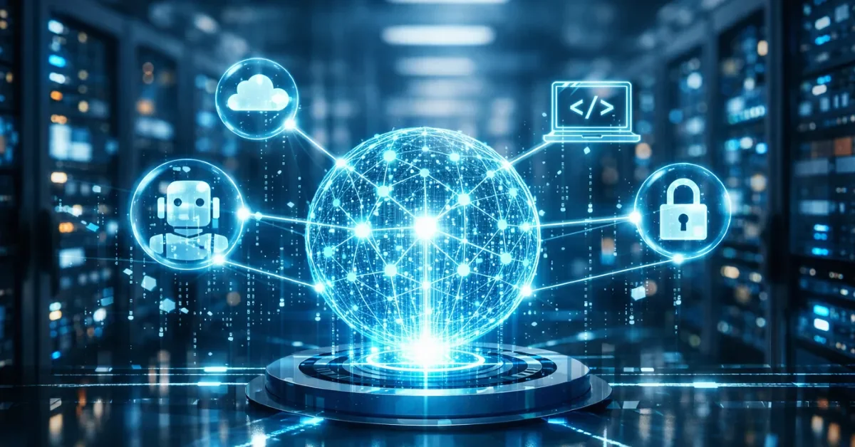 A high-tech digital network of glowing nodes and servers representing secure, interoperable AI agents communicating autonomously across the internet.