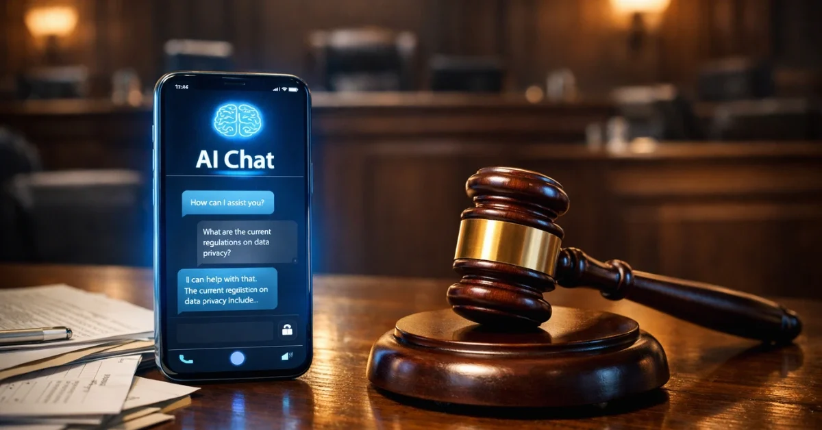 A glowing smartphone with an AI chat interface resting next to a wooden judge's gavel and legal documents on a courtroom table.