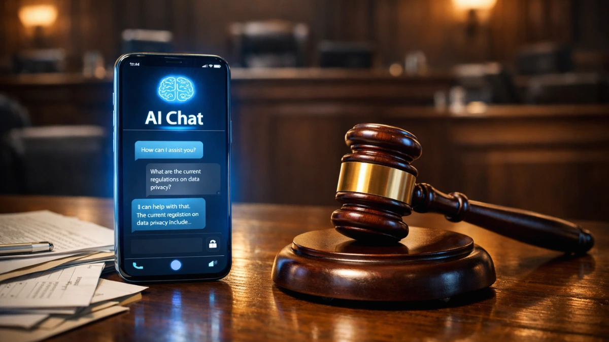A glowing smartphone with an AI chat interface resting next to a wooden judge's gavel and legal documents on a courtroom table.