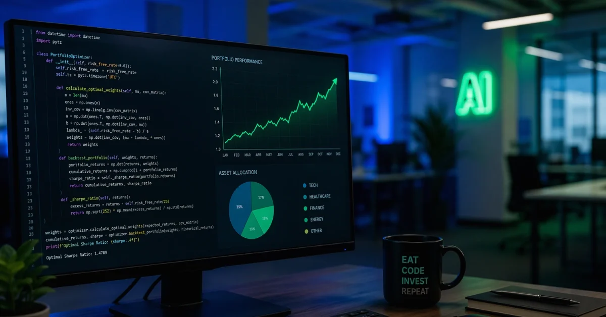 A modern tech office computer monitor displaying glowing software code and financial growth charts, representing AI software development and business growth.