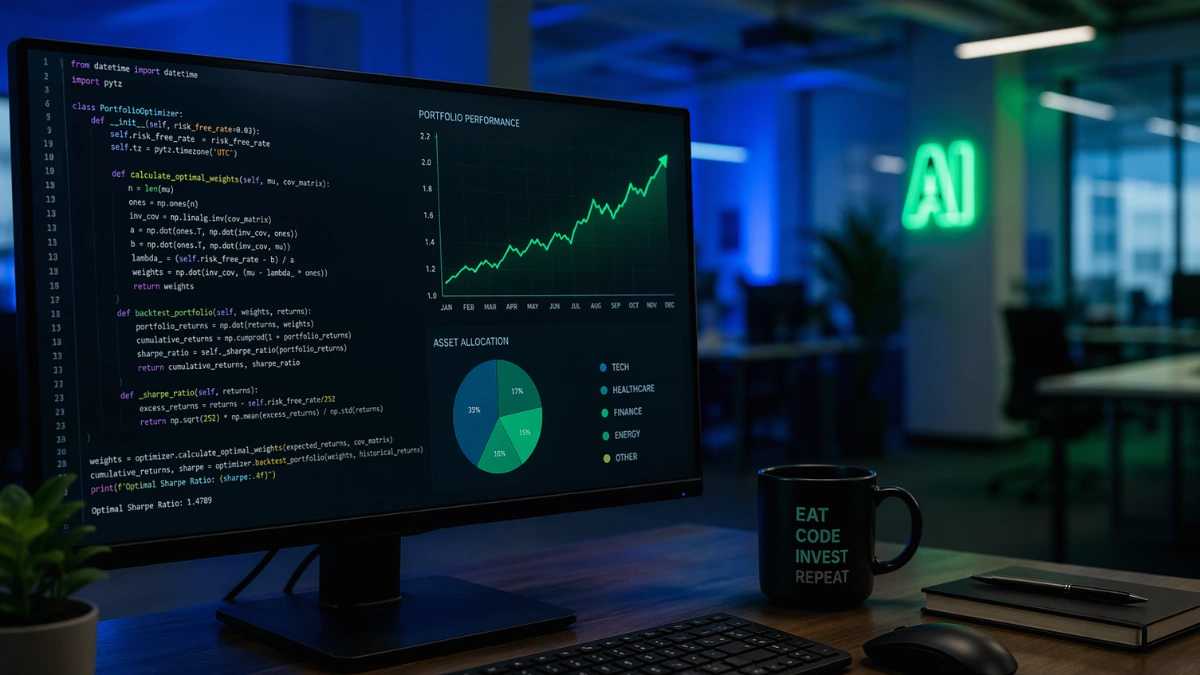 A modern tech office computer monitor displaying glowing software code and financial growth charts, representing AI software development and business growth.