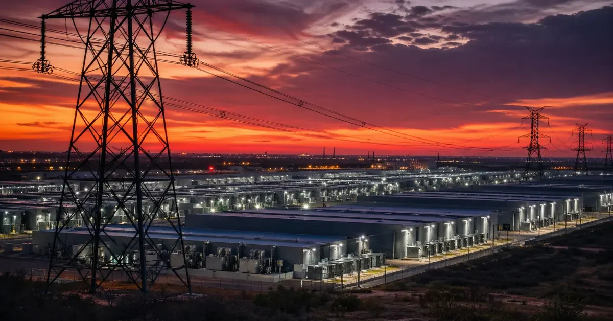 Aerial wide shot of a large AI data center campus at dusk in Texas with high-voltage power transmission towers in the foreground and rows of illuminated server buildings in the background under an orange and purple sky.