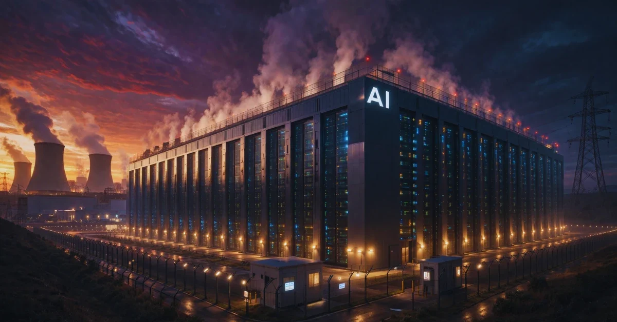 A massive modern AI data center facility at dusk with visible heat waves radiating into the sky, illustrating the environmental impact of artificial intelligence.