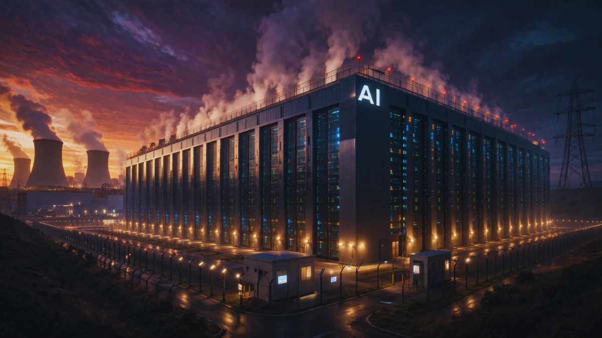 A massive modern AI data center facility at dusk with visible heat waves radiating into the sky, illustrating the environmental impact of artificial intelligence.