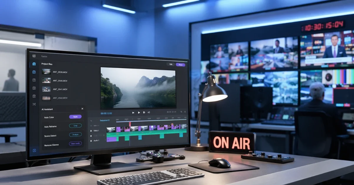 Modern video production workstation and broadcast control room screens illustrating AI-assisted filmmaking and live production workflows.