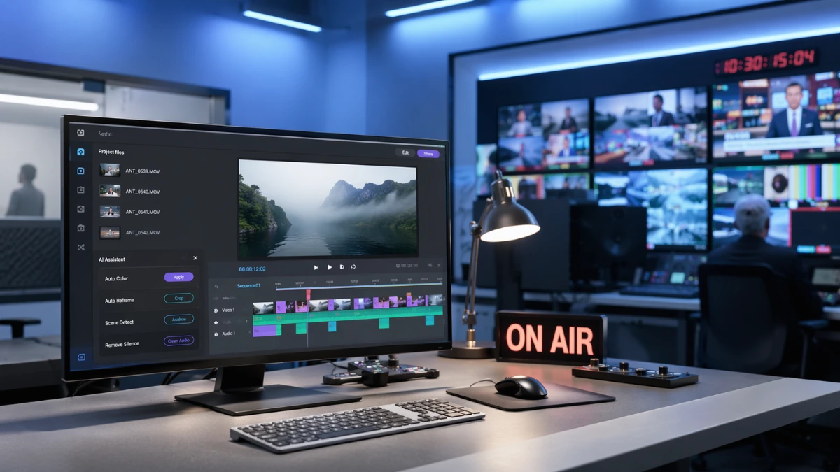 Modern video production workstation and broadcast control room screens illustrating AI-assisted filmmaking and live production workflows.