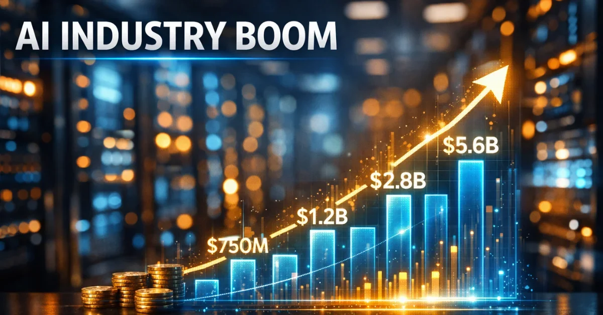 A glowing holographic financial chart projecting inside a modern server room, representing massive investments in artificial intelligence infrastructure.
