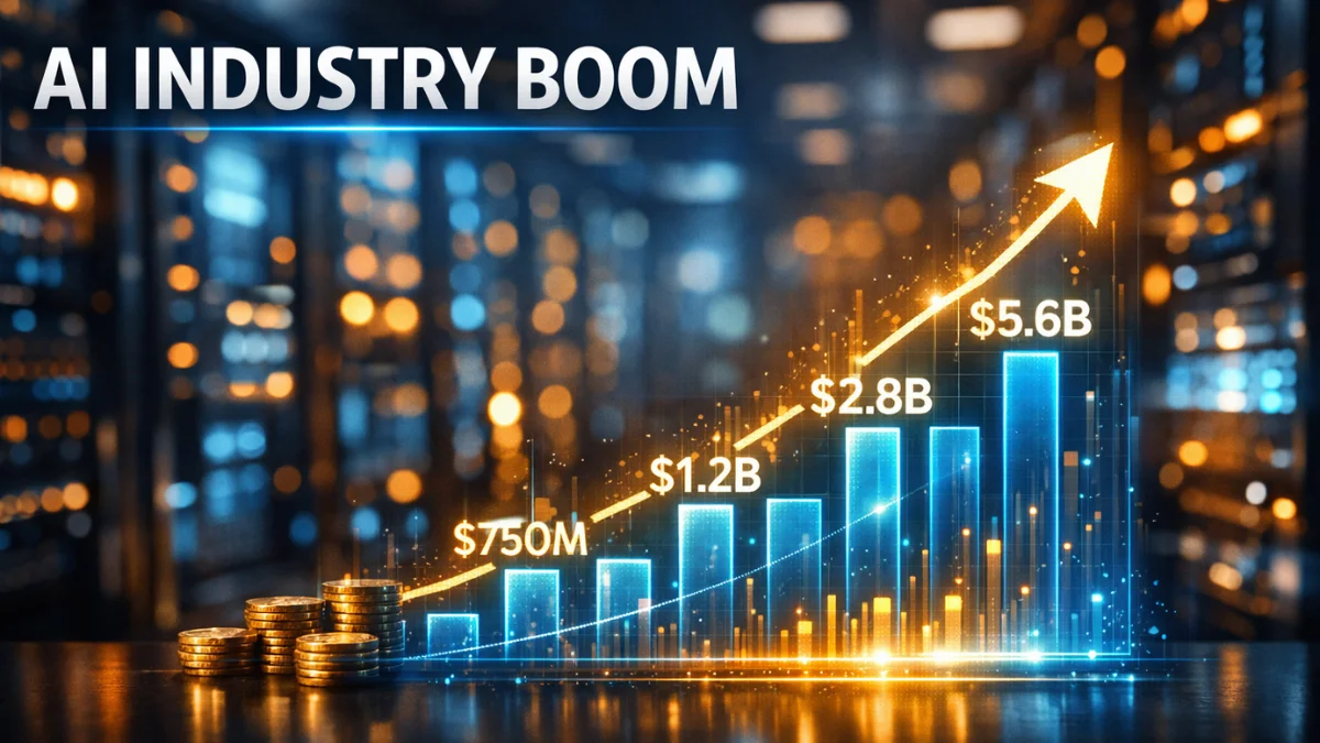 A glowing holographic financial chart projecting inside a modern server room, representing massive investments in artificial intelligence infrastructure.