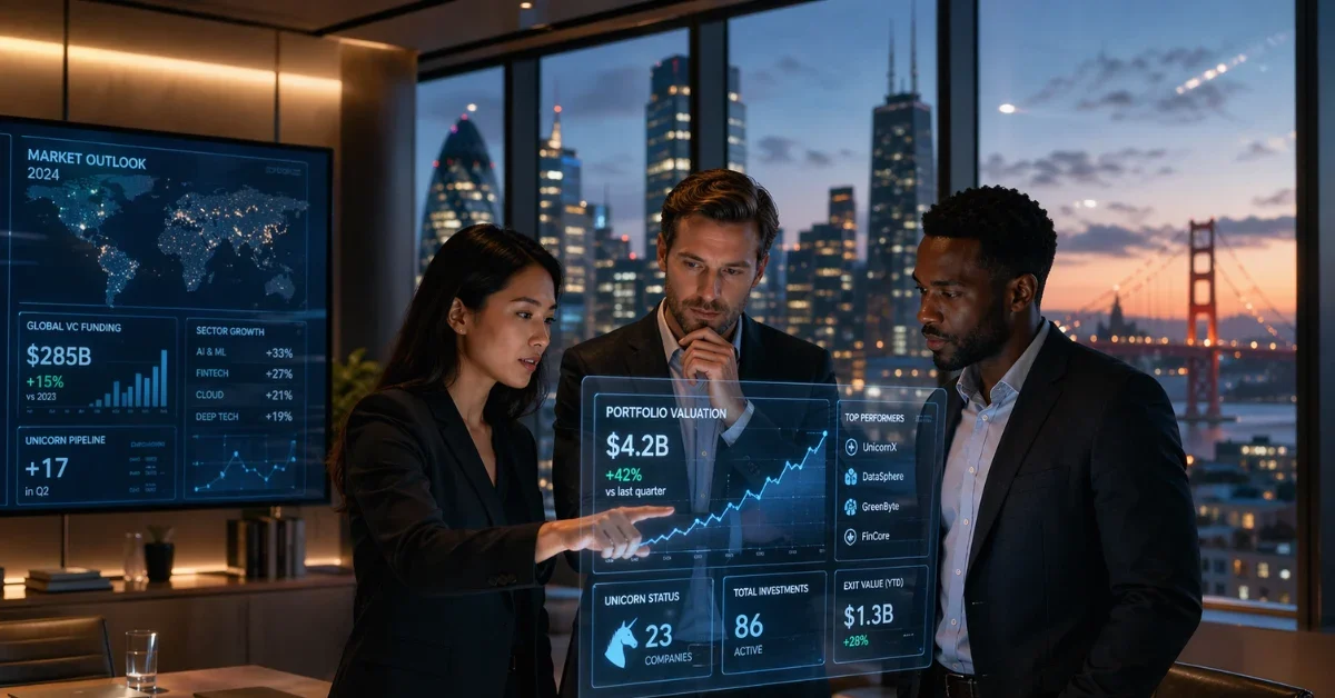 Business professionals reviewing AI investment data on holographic screens in a modern boardroom with a city skyline in the background, representing the 2026 global AI funding surge and unicorn boom.