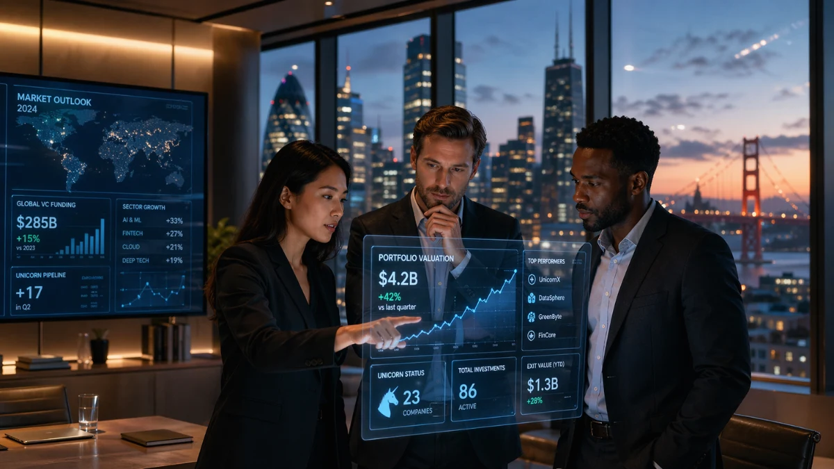 Business professionals reviewing AI investment data on holographic screens in a modern boardroom with a city skyline in the background, representing the 2026 global AI funding surge and unicorn boom.