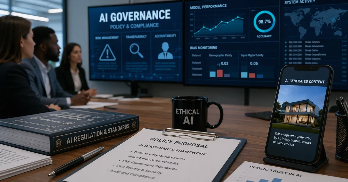 News-style composite image showing professionals reviewing AI dashboards, policy documents and labeled AI-generated content on a phone screen.
