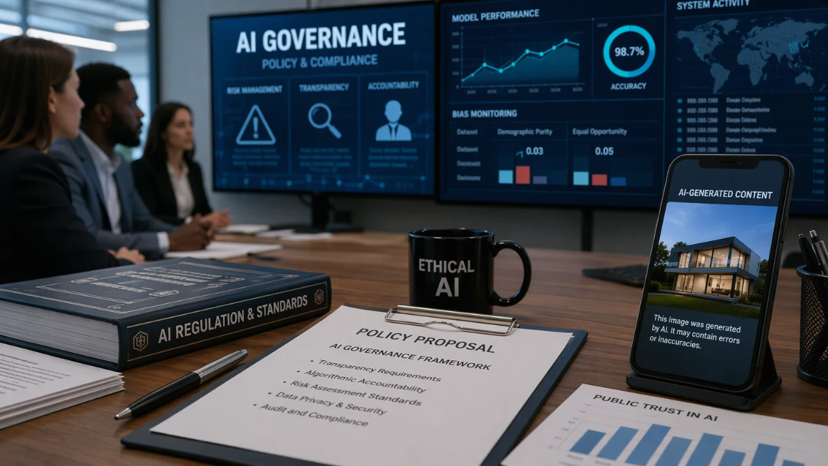 News-style composite image showing professionals reviewing AI dashboards, policy documents and labeled AI-generated content on a phone screen.