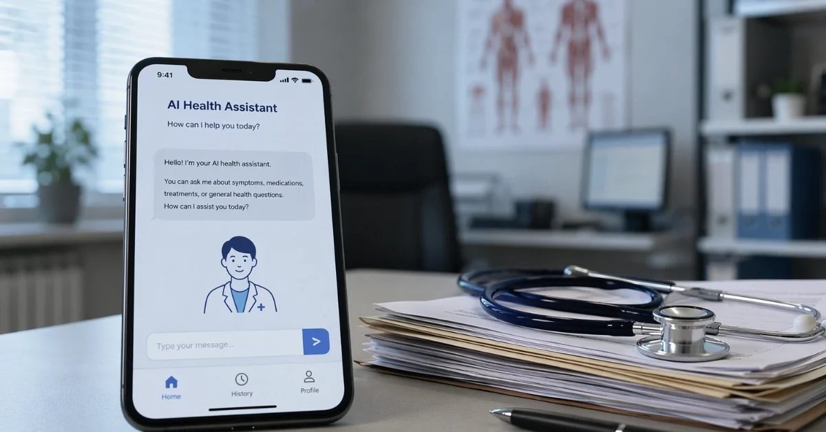 Smartphone displaying a generic AI health chatbot next to a doctor’s desk with medical items in a modern clinic office.