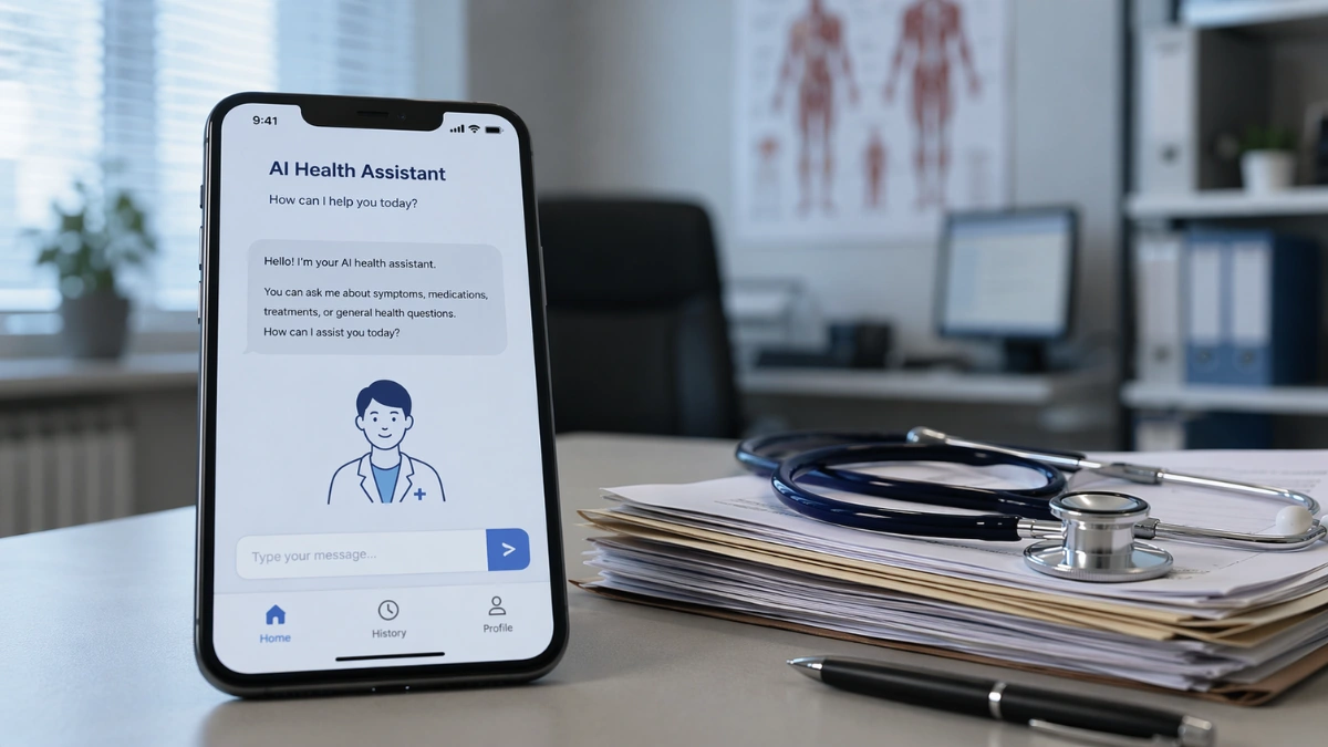 Smartphone displaying a generic AI health chatbot next to a doctor’s desk with medical items in a modern clinic office.
