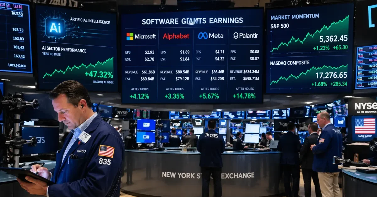 Wide news-style image of a trading floor with digital stock charts and AI data graphics on large screens, representing a rebound in AI-related market sentiment and ongoing software sector volatility.