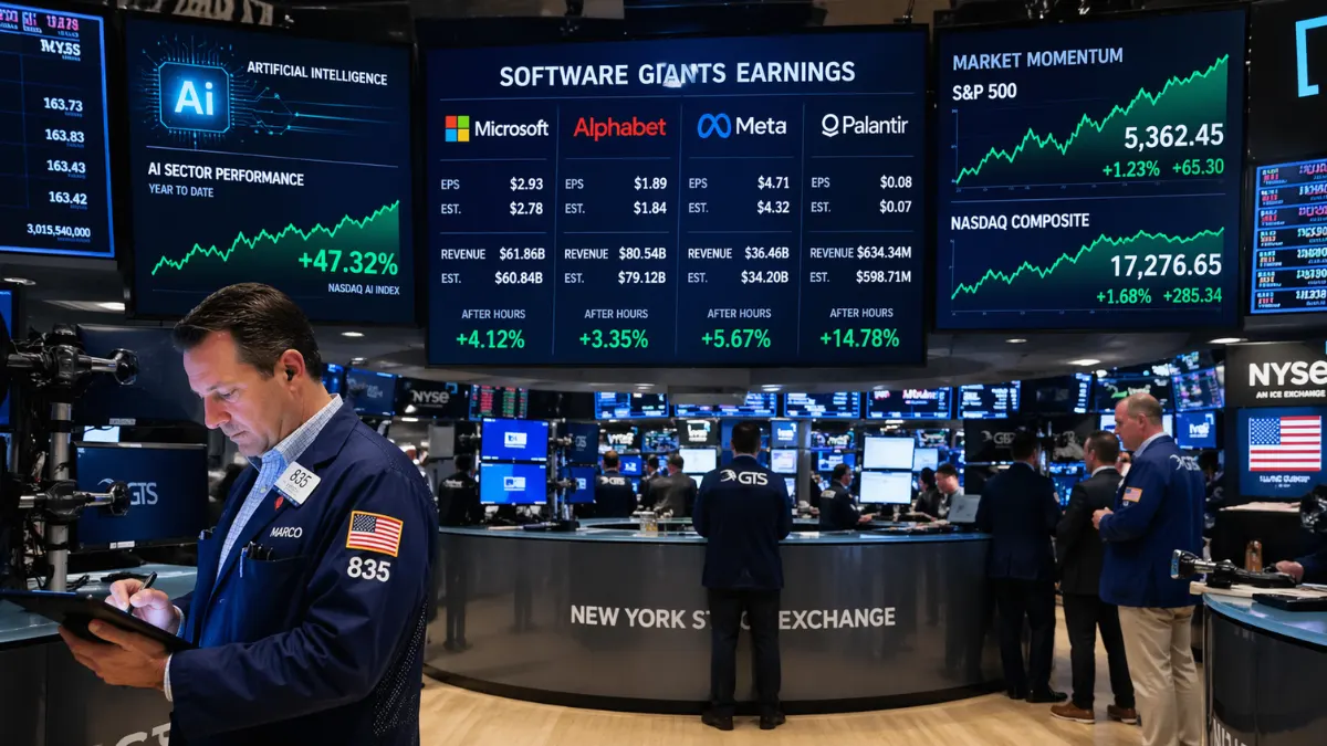 Wide news-style image of a trading floor with digital stock charts and AI data graphics on large screens, representing a rebound in AI-related market sentiment and ongoing software sector volatility.