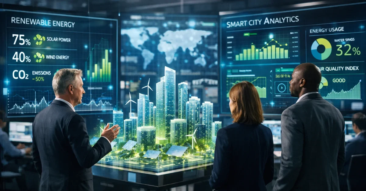 Professional executives analyzing digital smart city models and sustainable urban data in a modern, brightly lit technology command center.