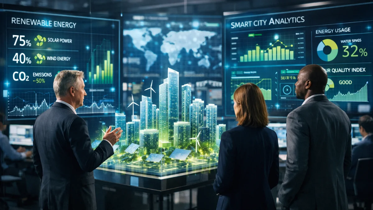 Professional executives analyzing digital smart city models and sustainable urban data in a modern, brightly lit technology command center.