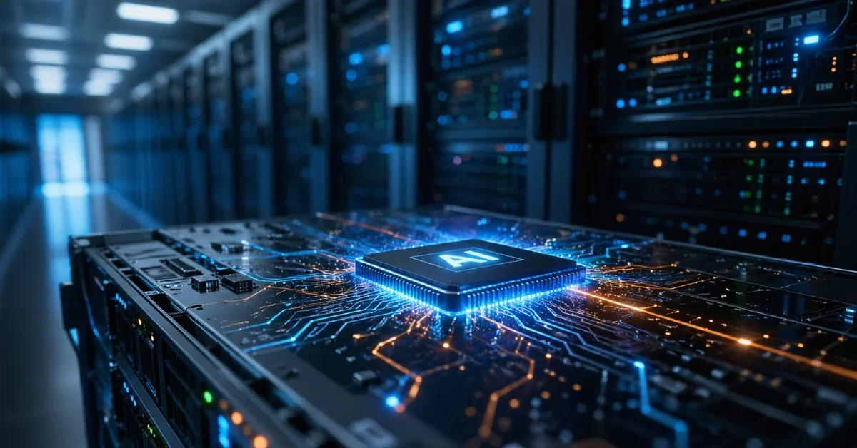 A futuristic computer processor chip glowing on a server rack in a modern enterprise data center, representing artificial intelligence infrastructure.