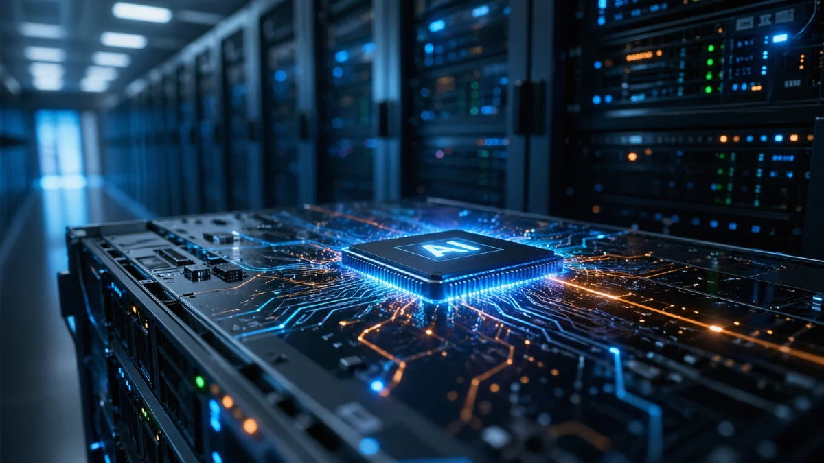 A futuristic computer processor chip glowing on a server rack in a modern enterprise data center, representing artificial intelligence infrastructure.