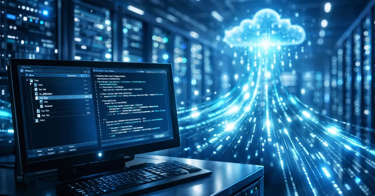 A modern server room with glowing blue data streams and a computer terminal displaying artificial intelligence and file system architecture.
