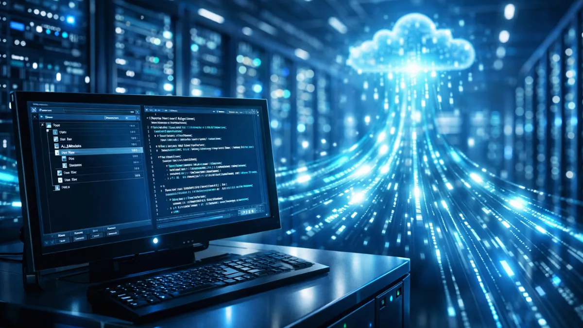 A modern server room with glowing blue data streams and a computer terminal displaying artificial intelligence and file system architecture.