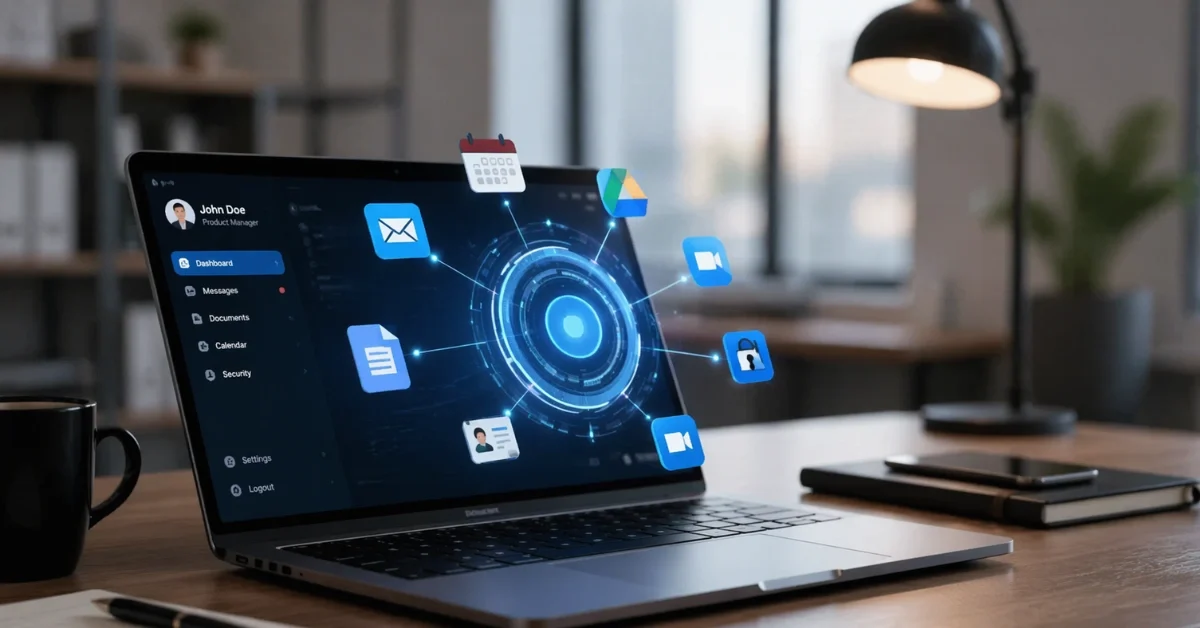 A sleek modern laptop on a desk displaying a glowing holographic interface that connects to floating app icons, representing system-level artificial intelligence.