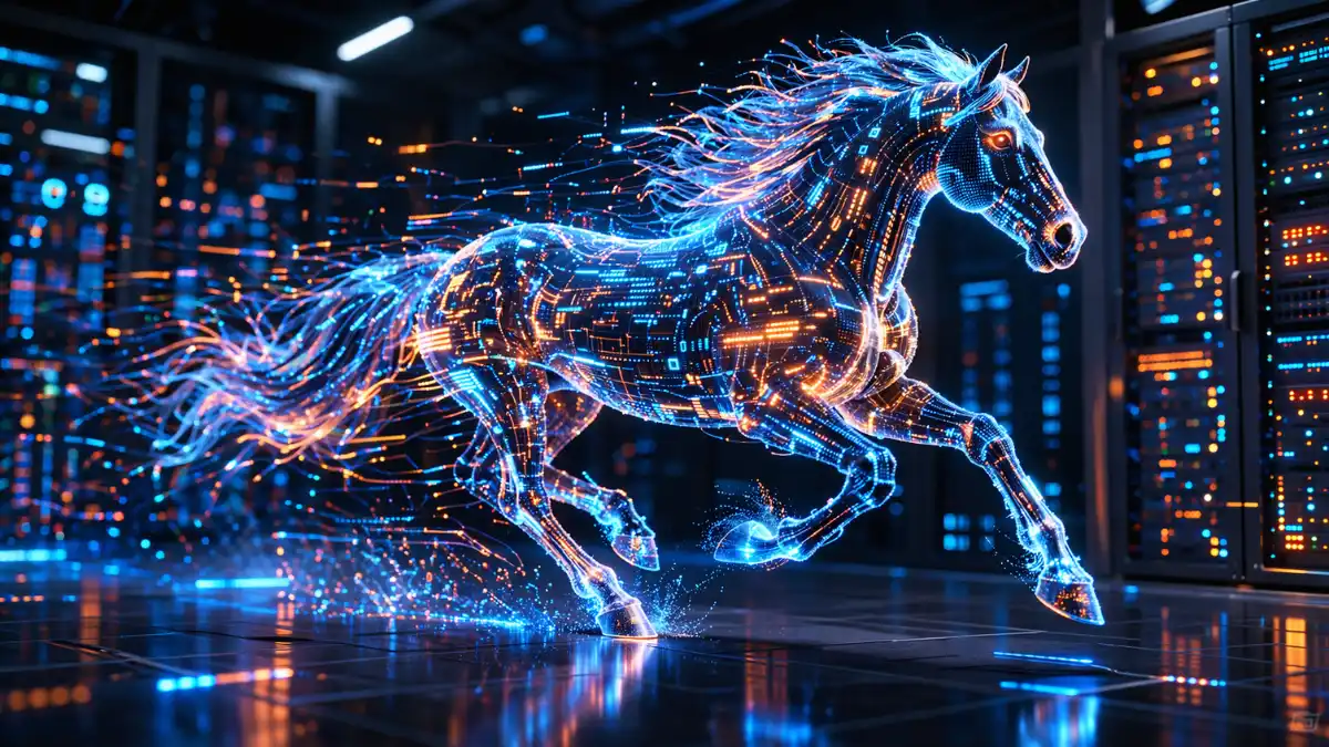 A glowing holographic horse made of digital data streams galloping in a modern server room, representing Alibaba's HappyHorse AI video model.