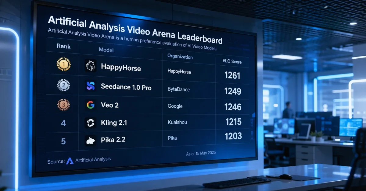 A digital leaderboard in a modern tech workspace shows HappyHorse ranked above other AI video models on a large screen.