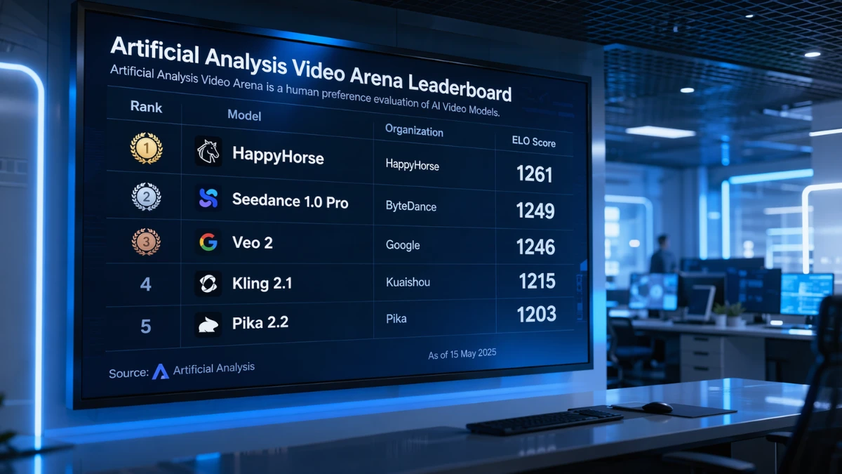 A digital leaderboard in a modern tech workspace shows HappyHorse ranked above other AI video models on a large screen.