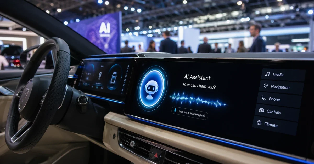 A glowing digital dashboard inside a modern vehicle displaying an advanced AI voice assistant interface at a brightly lit auto show.