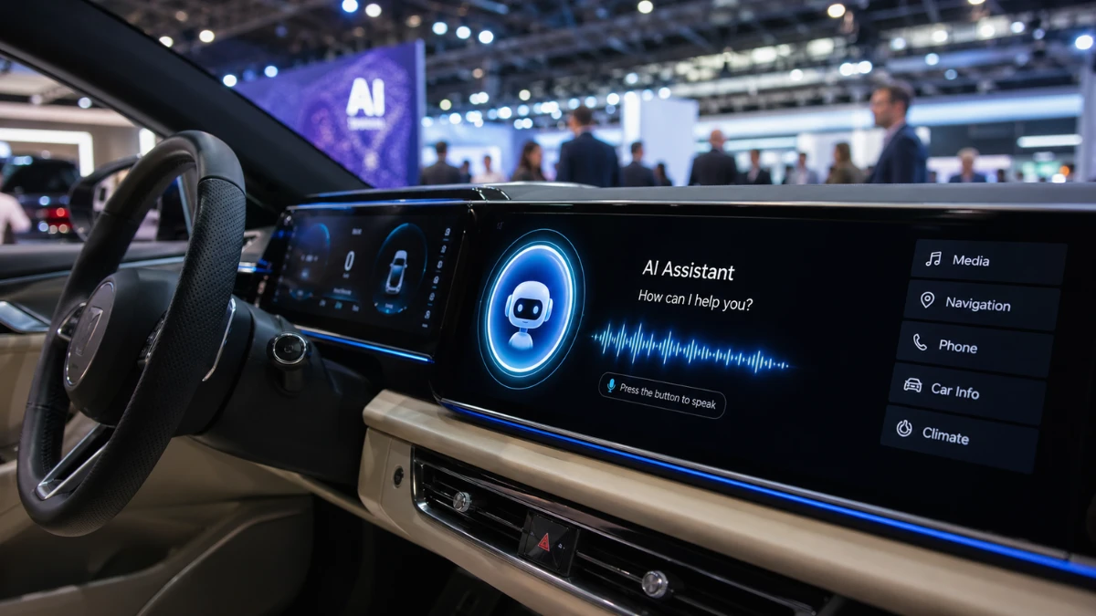 A glowing digital dashboard inside a modern vehicle displaying an advanced AI voice assistant interface at a brightly lit auto show.